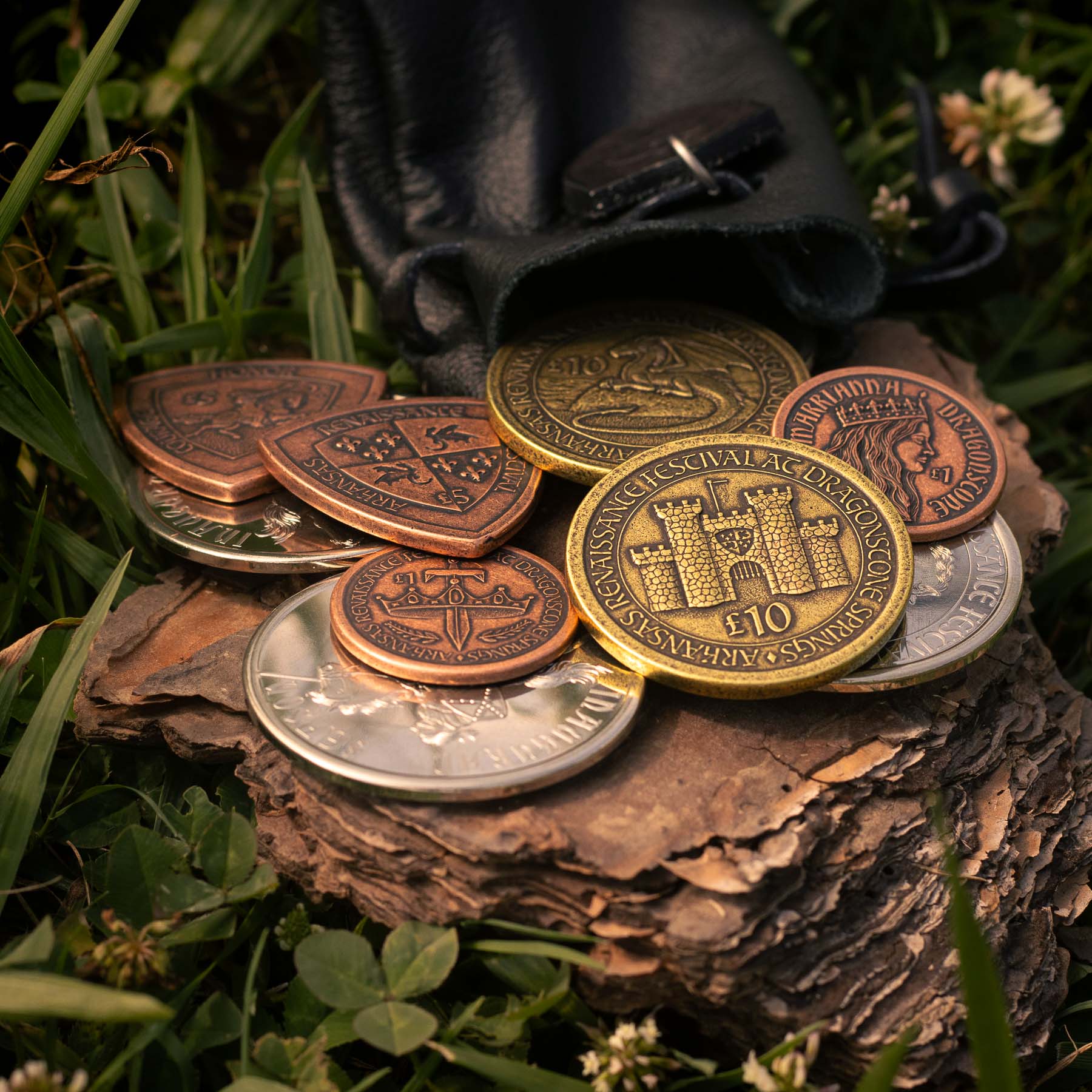 Pouch of Realm Currency from the Arkansas Renaissance Festival spilling out onto a rock
