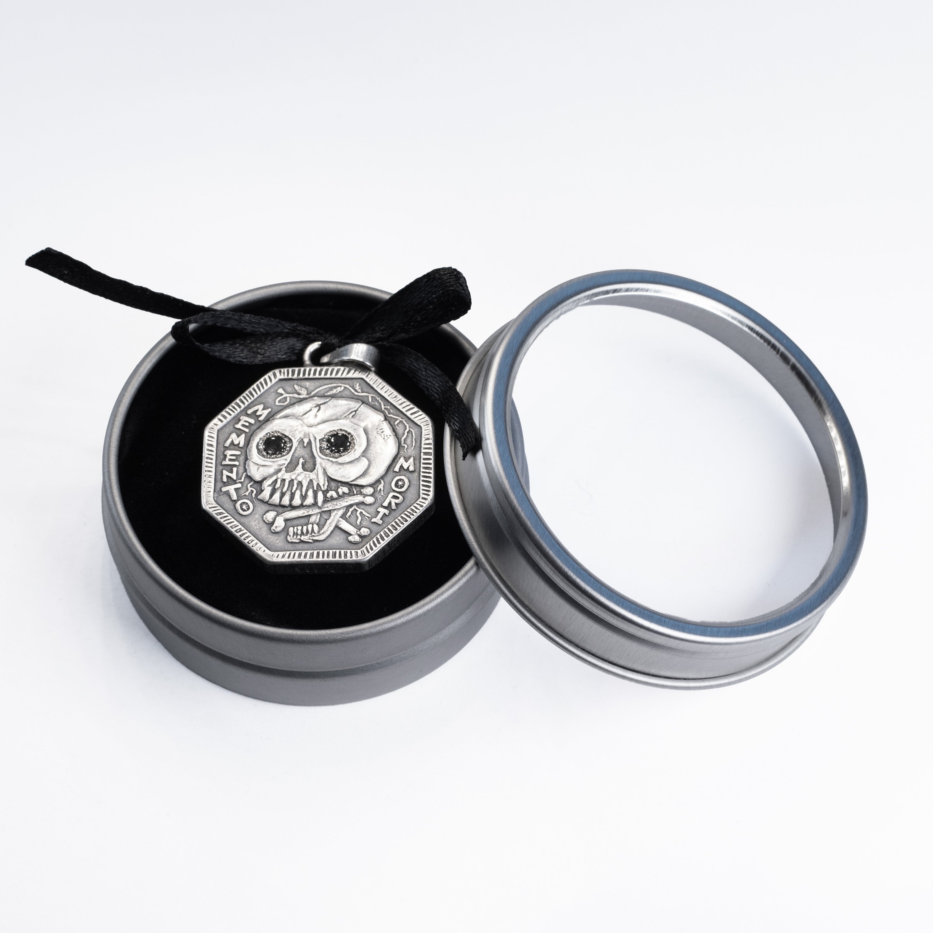 Memento Mori - Silver with Black Onyx Eyes with Metal Tin