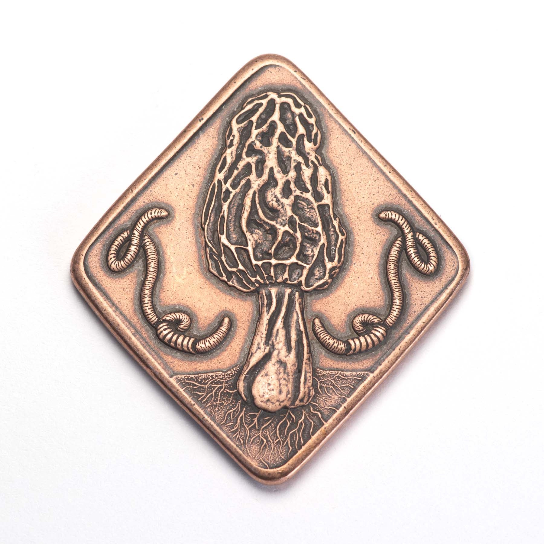 copper morel coin on white by shire post mint