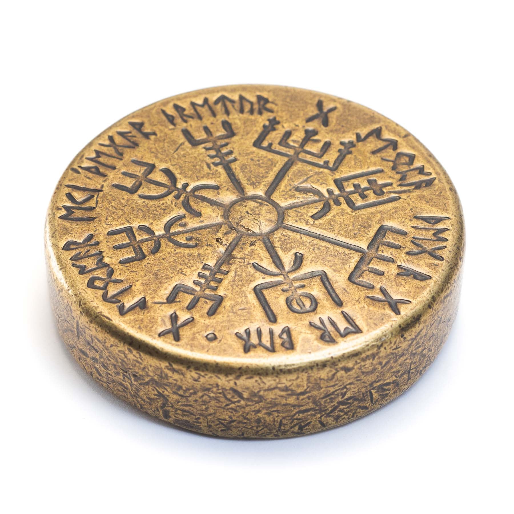 a giant vegvisir coin cast from bronze at shire post mint