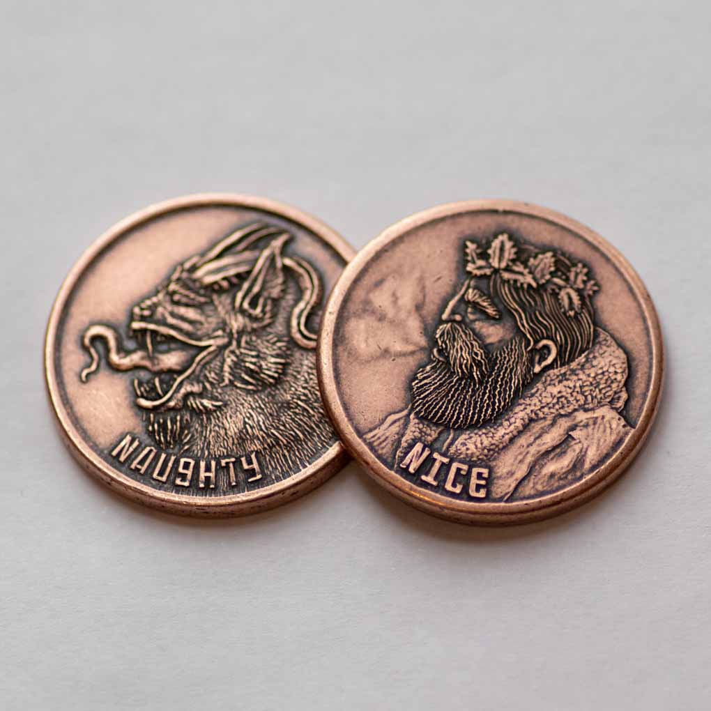 Naughty or Nice Decision Maker - Krampus and Santa Copper Coin Stocking Stuffer Christmas Gifts