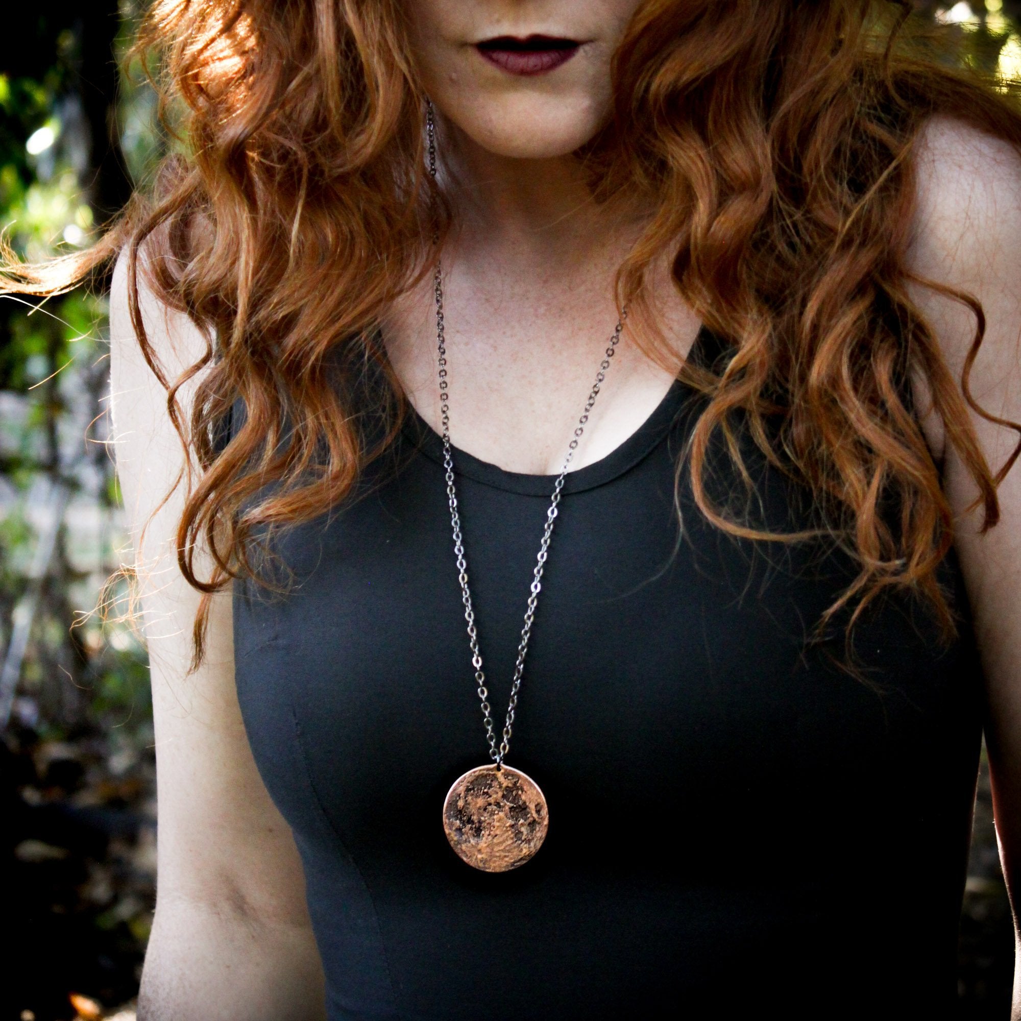 Copper Full Moon / Blood Moon Necklace on 30" Chain by Shire Post Mint - model: Emily Mae