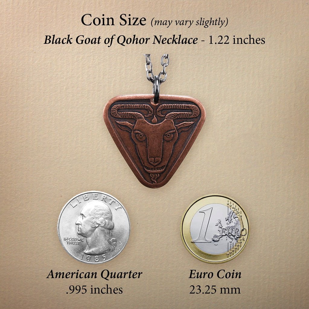 Black Goat of Qohor necklace size compared with American quarter and 1 Euro coin