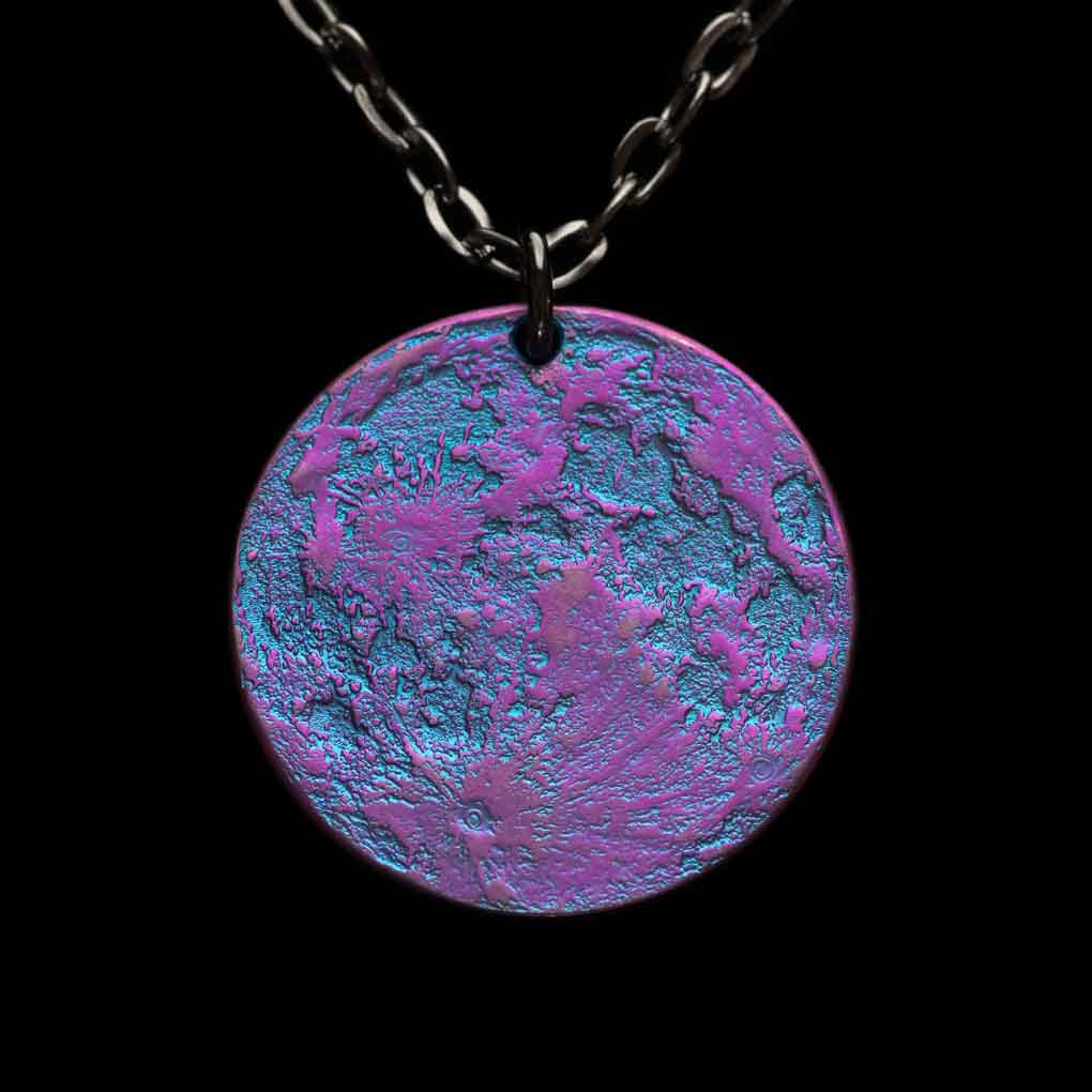 Blue and Purple Moon Necklace in 26 mm Anodized Niobium Pendant