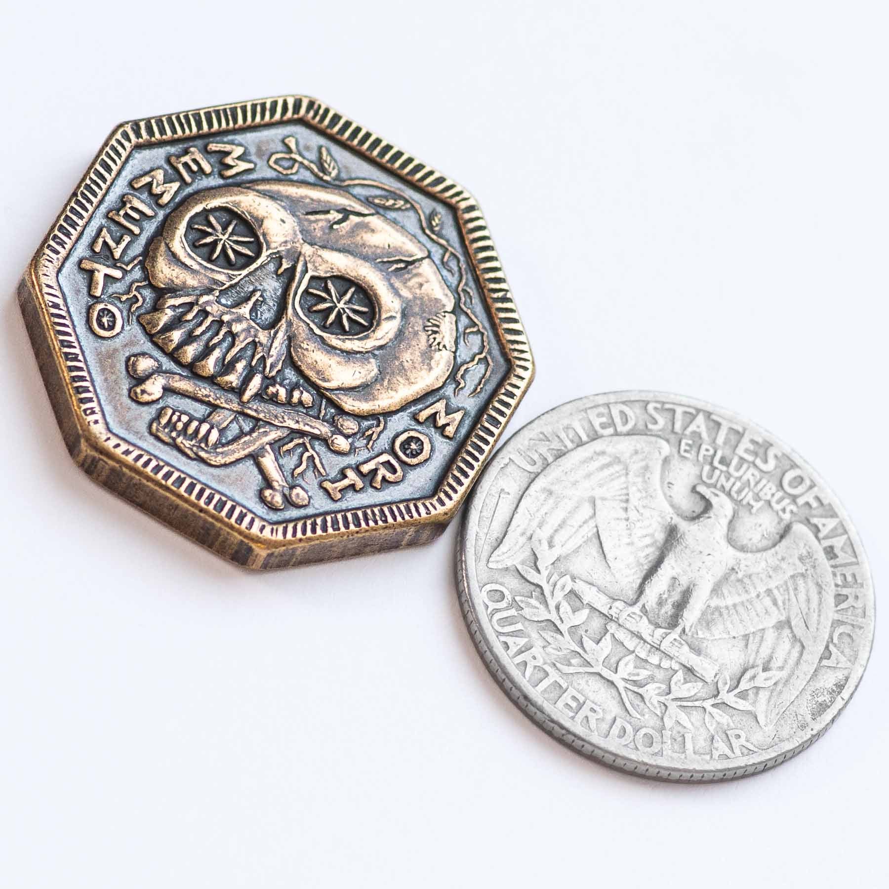 Memento Mori Bronze Coin beside Quarter | Shire Post Mint