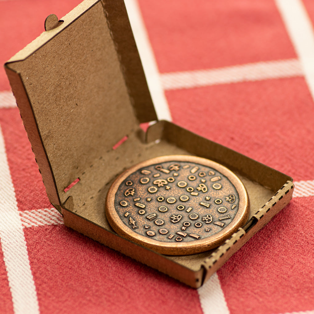 Copper Supreme Pizza Coin in Tiny Pizza Box for Pizza Coins -Mini Laser Cut Collectible Cardboard Box - Skull Mushrooms Pineapple Olives Pepperoni Toppings - Shire Post Mint