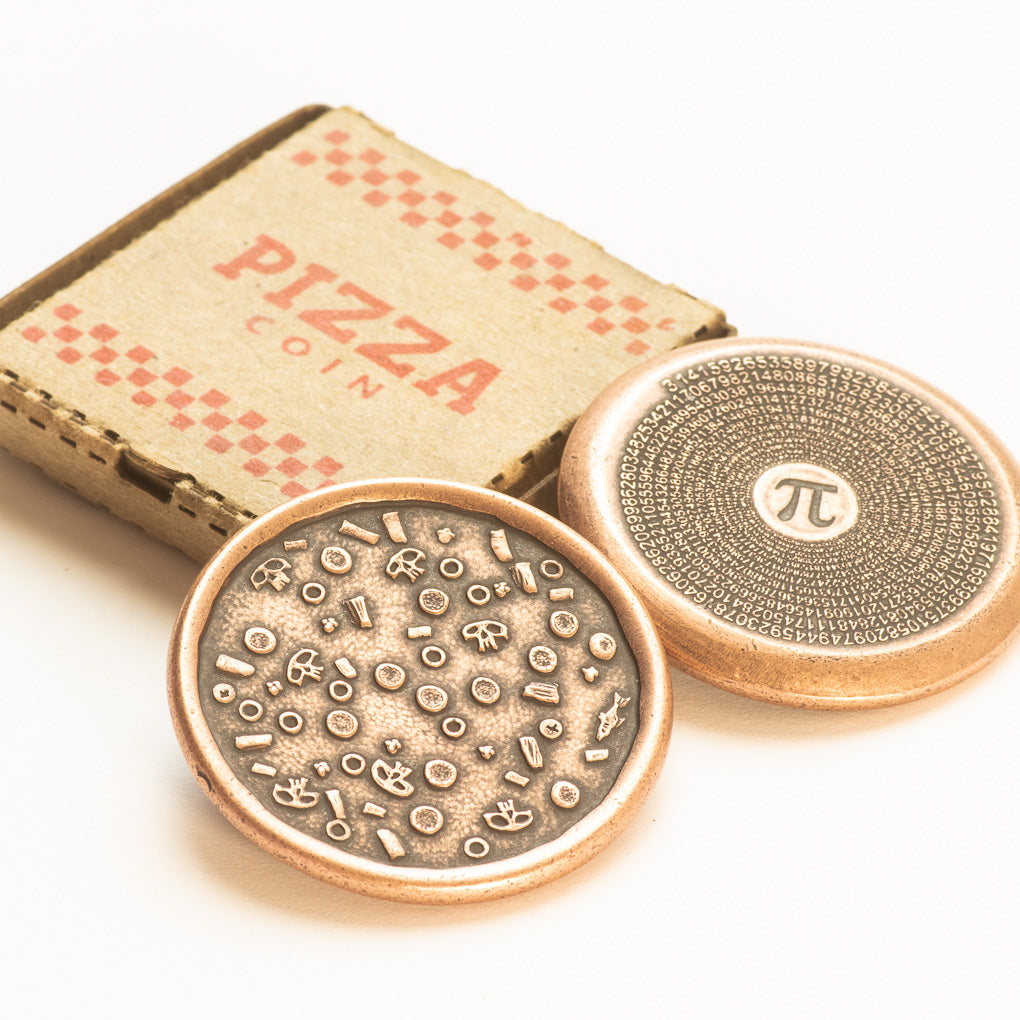 Pizza Pi Coin in Copper with Tiny Pizza Box