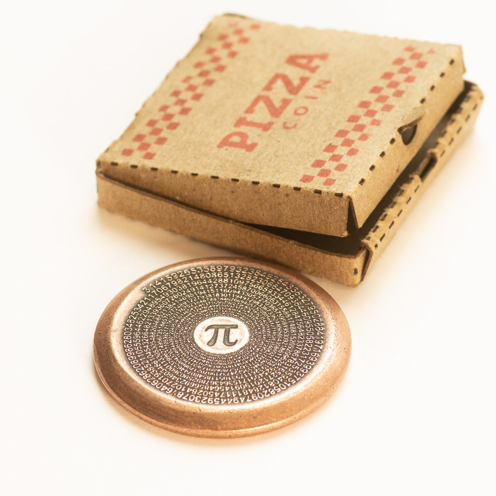 Pizza Pi Coin in Copper with Tiny Pizza Box