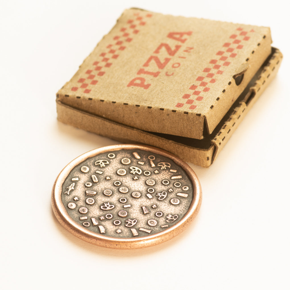 Pizza Pi Coin in Copper with Tiny Pizza Box