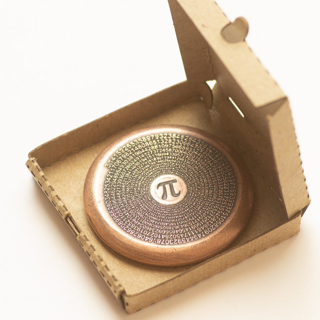 Pizza Pi Coin in Copper with Tiny Pizza Box