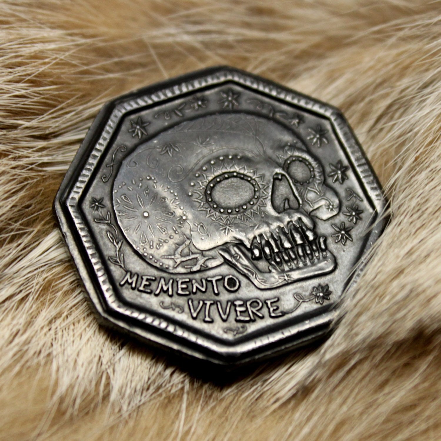 Memento Mori / Memento Vivere Reminder Coin in solid blackened iron by Shire Post Mint