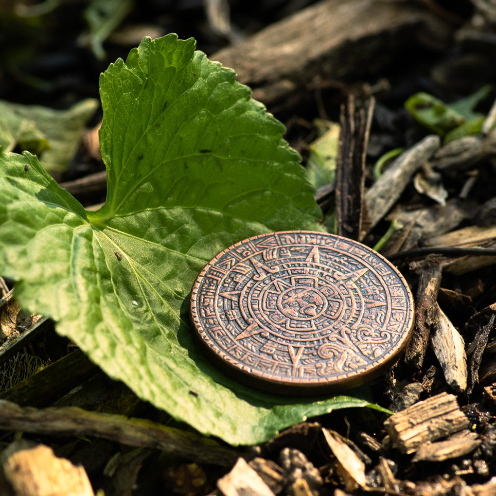 Aztec Sun Stone Wax Calendar Copper Worry Coin | Shire Post Mint Gifts