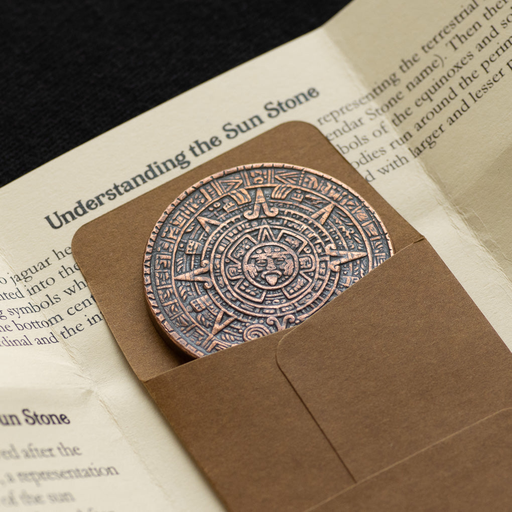 Aztec Sun Stone Wax Calendar Copper Worry Coin | Shire Post Mint Gifts