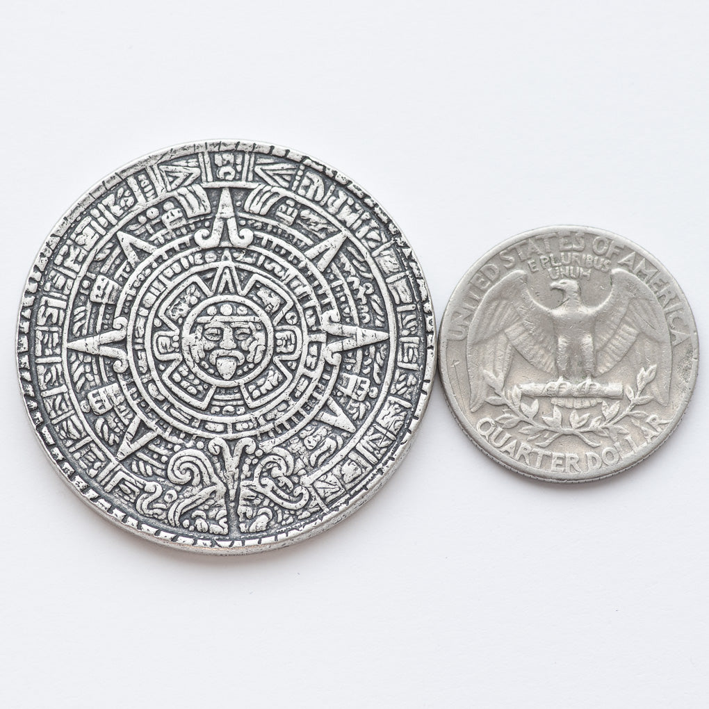 The Sun and Moon Worry Coin - Aztec Sun Stone Calendar and Moon in Fine Silver | Shire Post Mint Gifts