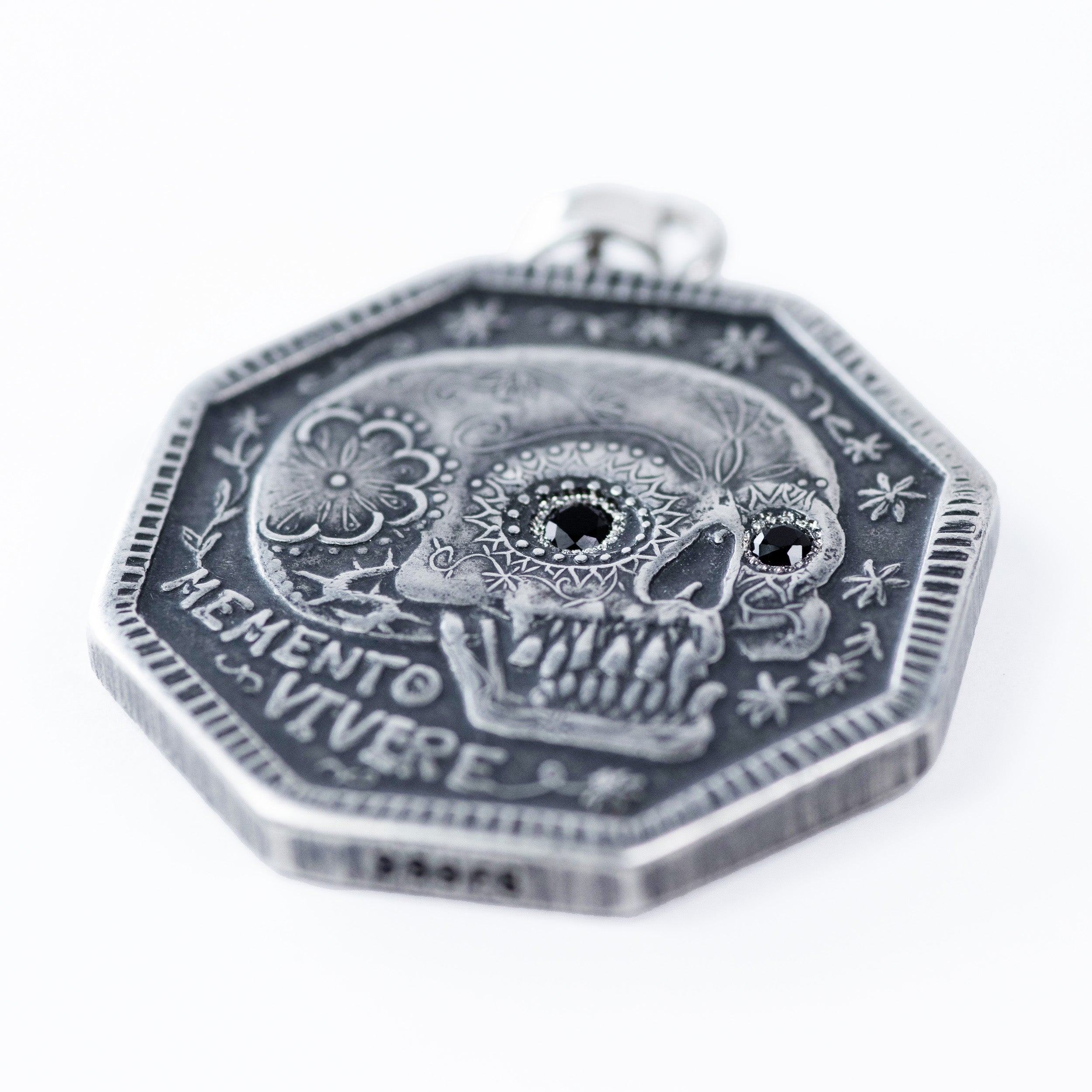 Memento Mori - Silver with Round Onyx Cabochon & Faceted Black Onyx Eyes