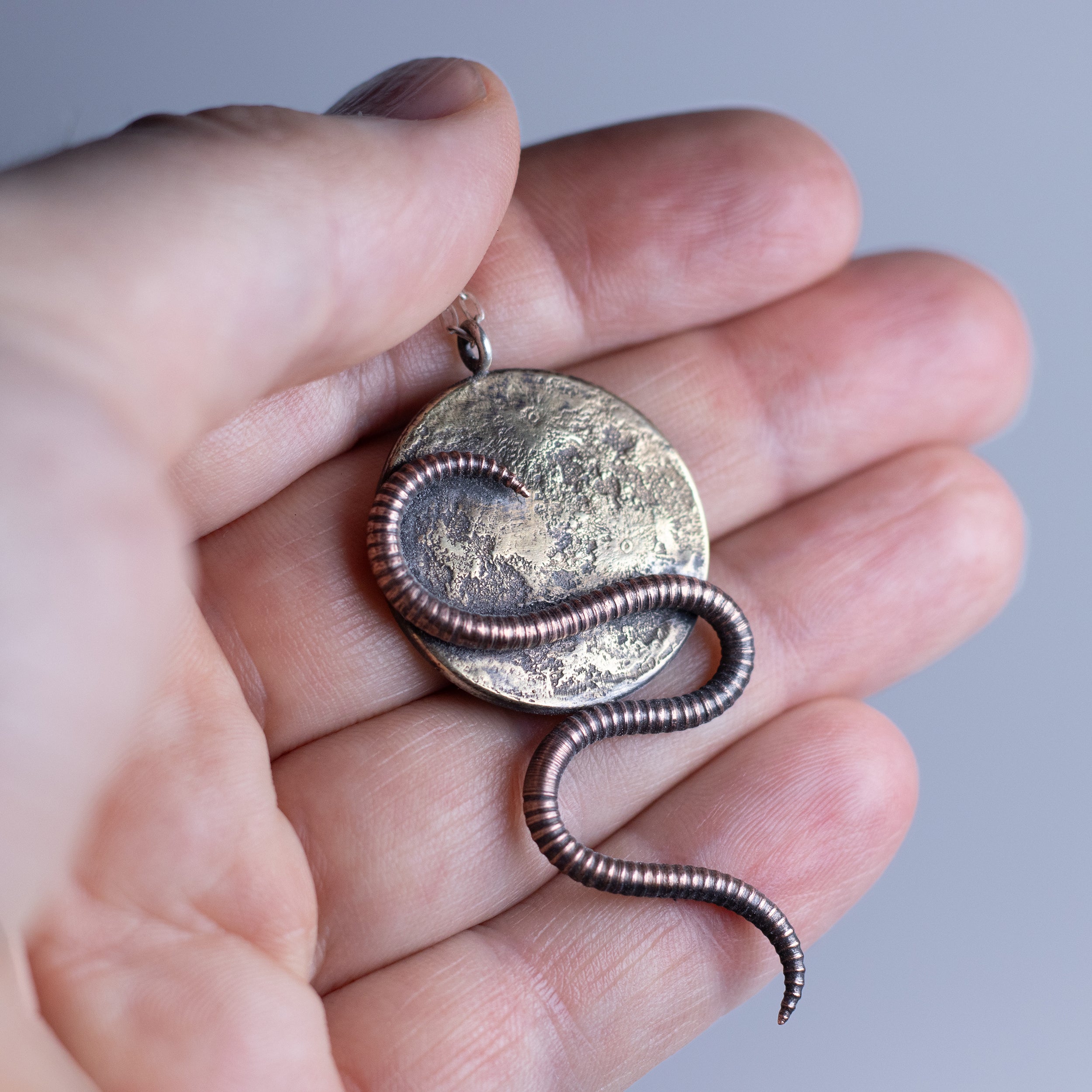 Shire Post Mint Worm Moon Brass Copper Pendant
