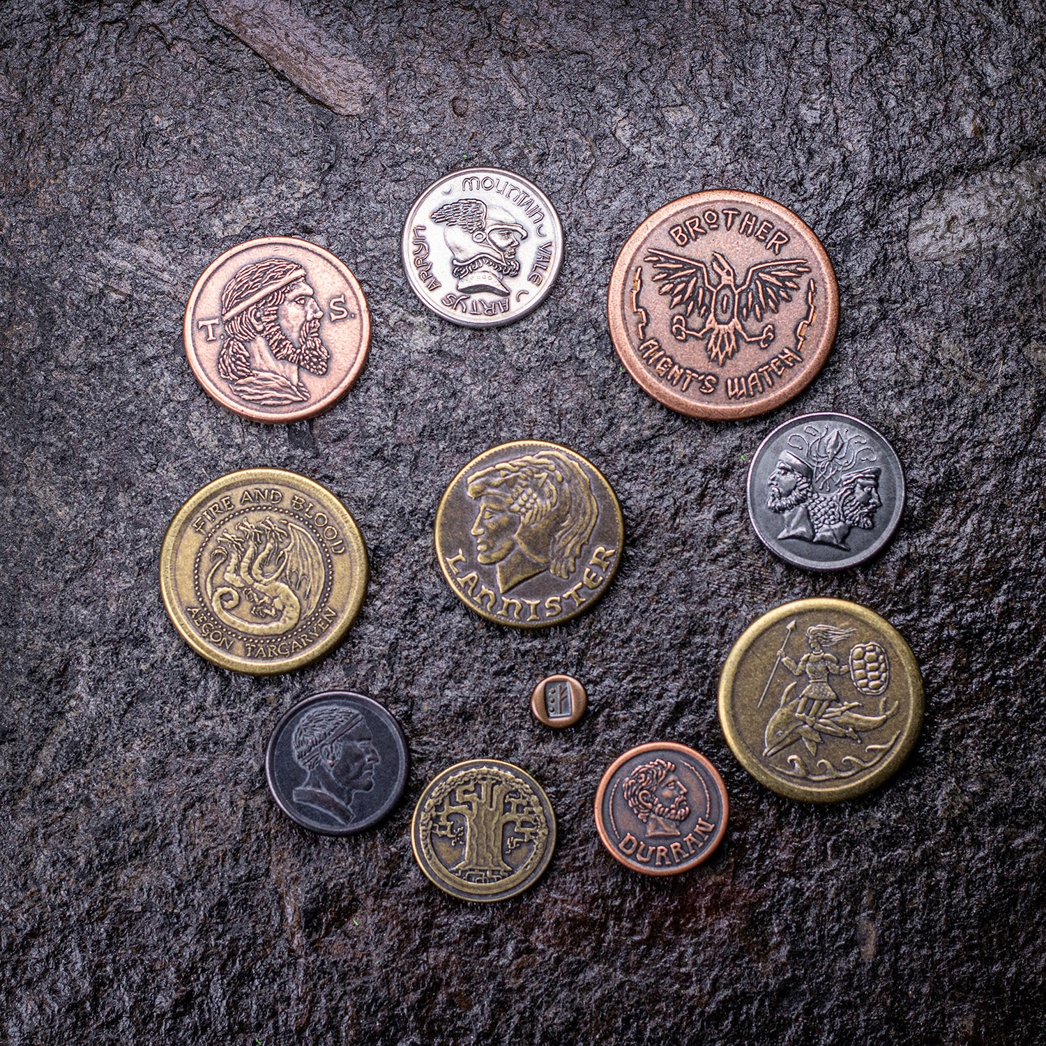 11 Pre-Conquest Westeros Coins ranging from copper, to iron, to brass