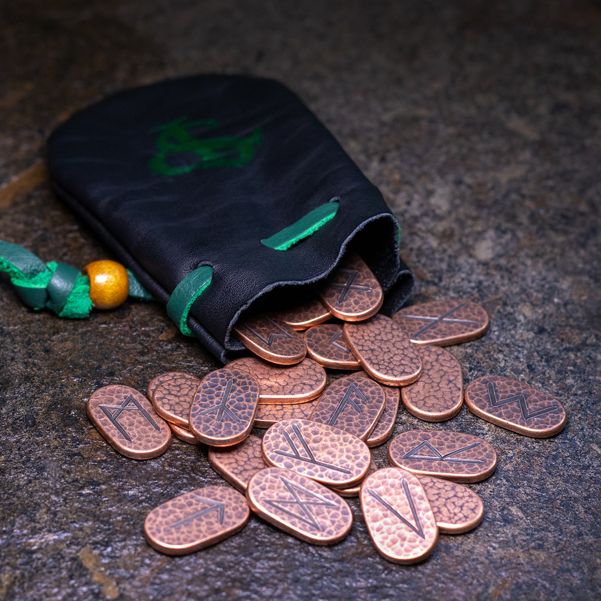 Set of Elder Futhark Divination Runes - Copper with Leather Bag and Guidebook