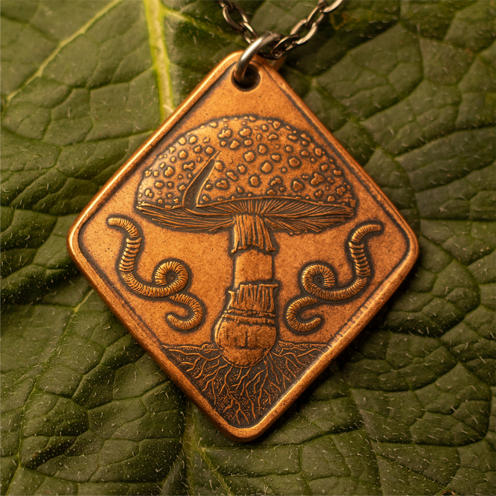 Morel and Amanita Mushrooms of Earth Charm or Necklace in Solid Copper
