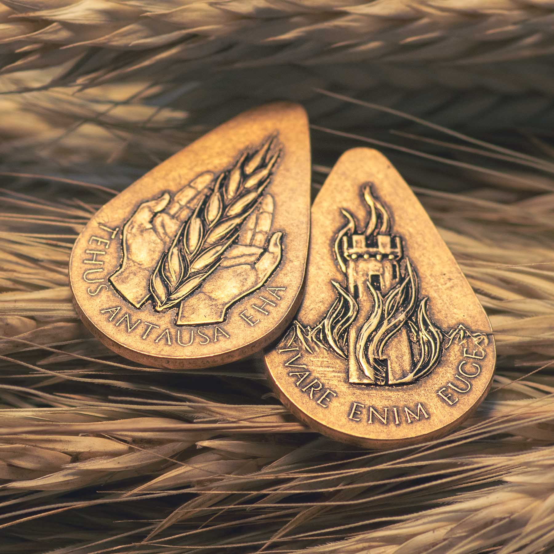 Tehlin Penance Piece Kingkiller Chronicles Coin in Bronze, photographed on wheat grains