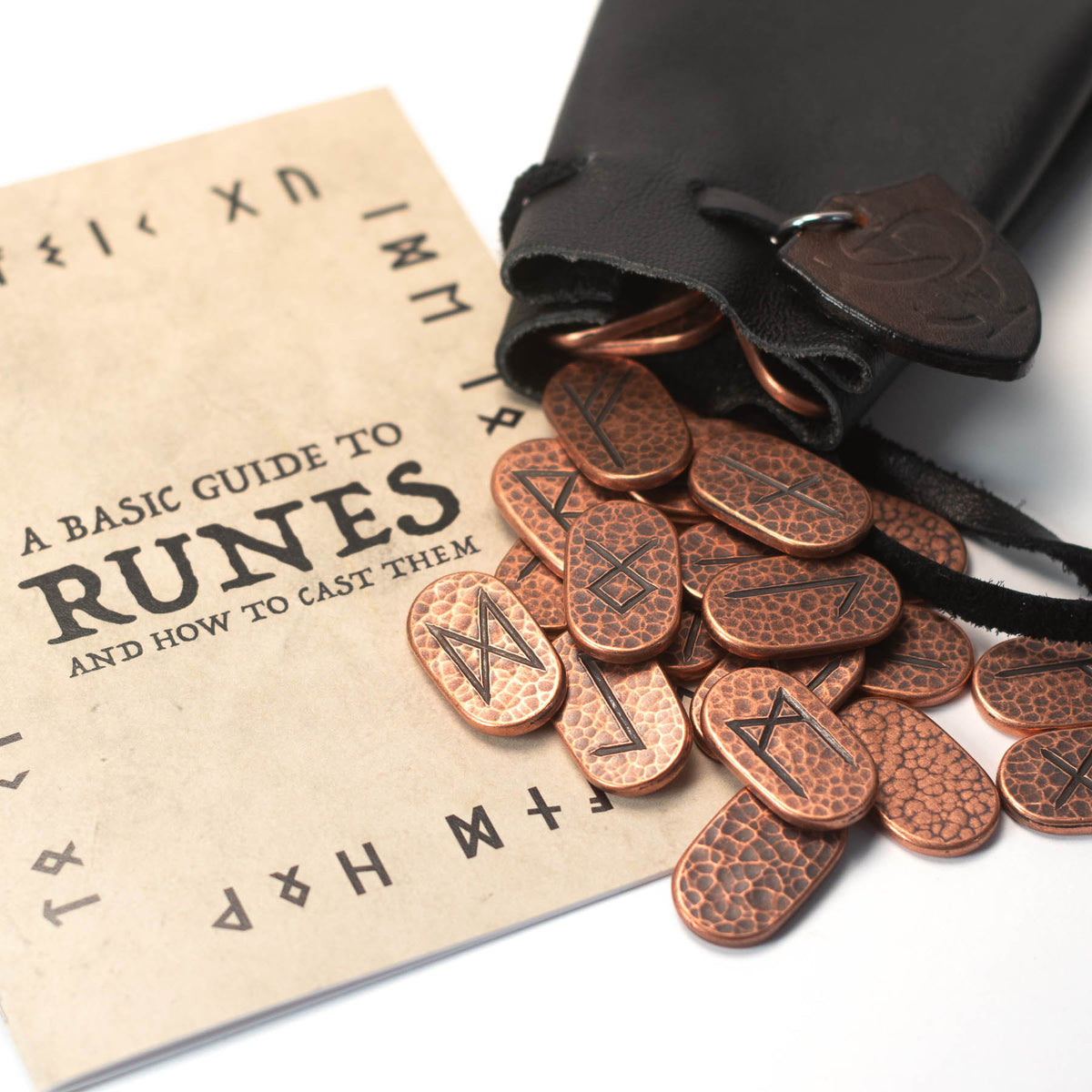 Set of Elder Futhark Divination Runes - Copper with Leather Bag and Gu