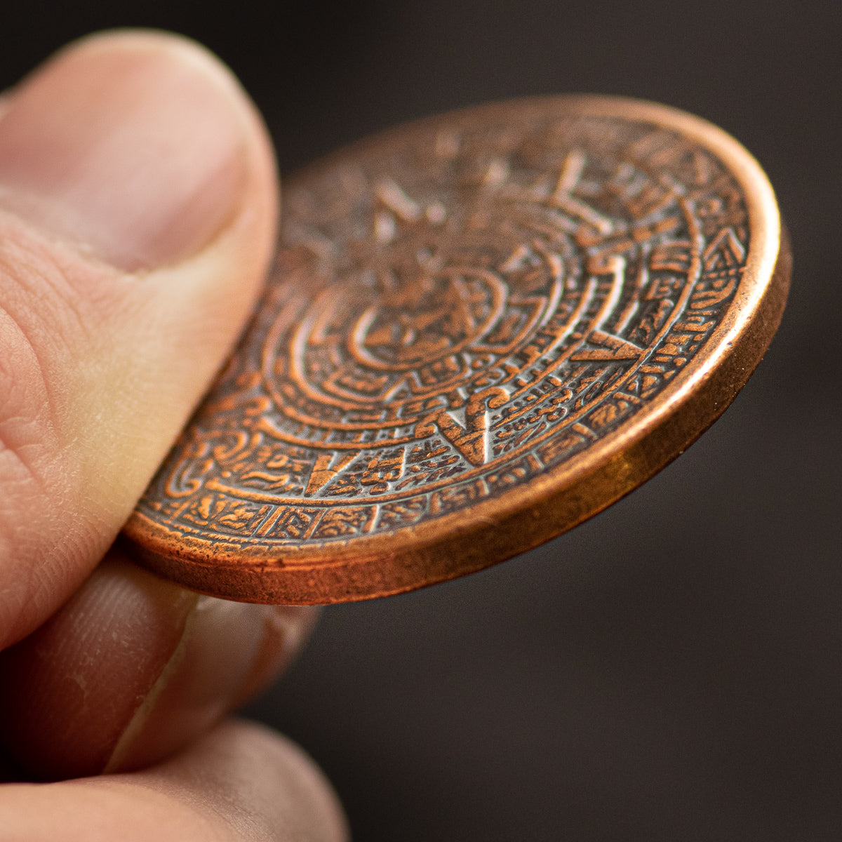 Aztec Sun Stone Copper Coin Aztec Calendar Worry Coin | Shire Post Mint