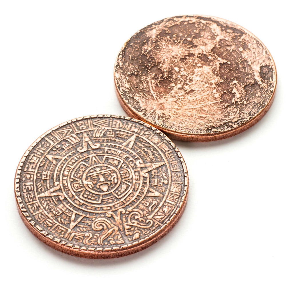 The Sun and Moon Worry Coin - Aztec Sun Stone Calendar and Moon in Cop