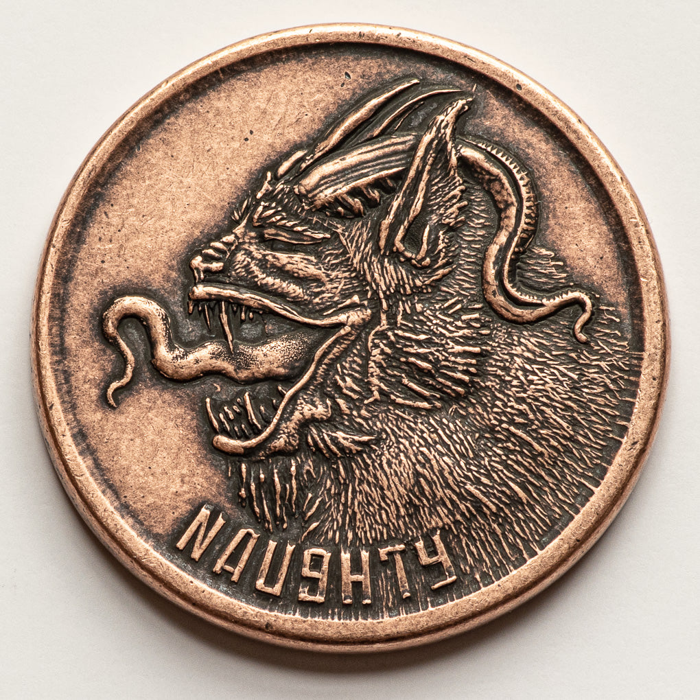 Naughty or Nice Decision Maker - Krampus and Santa Copper Coin Stocking Stuffer Christmas Gifts