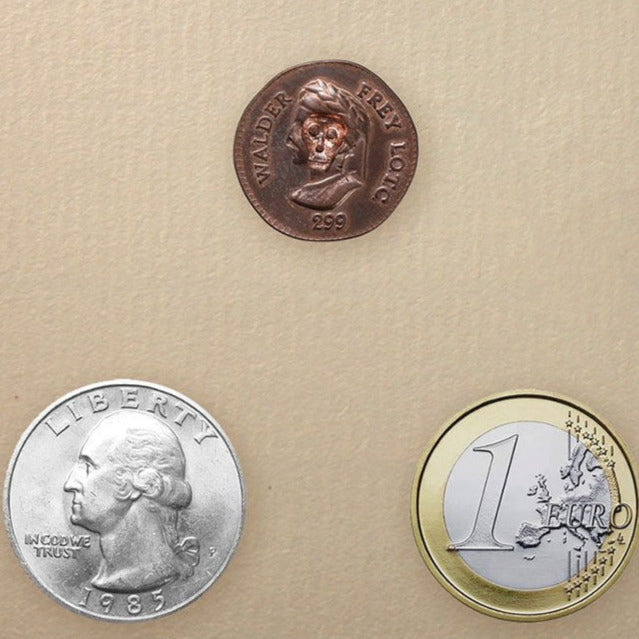Image comparing size of "Death's Head" Walder Frey Penny next to American Quarter and 1 Euro coin