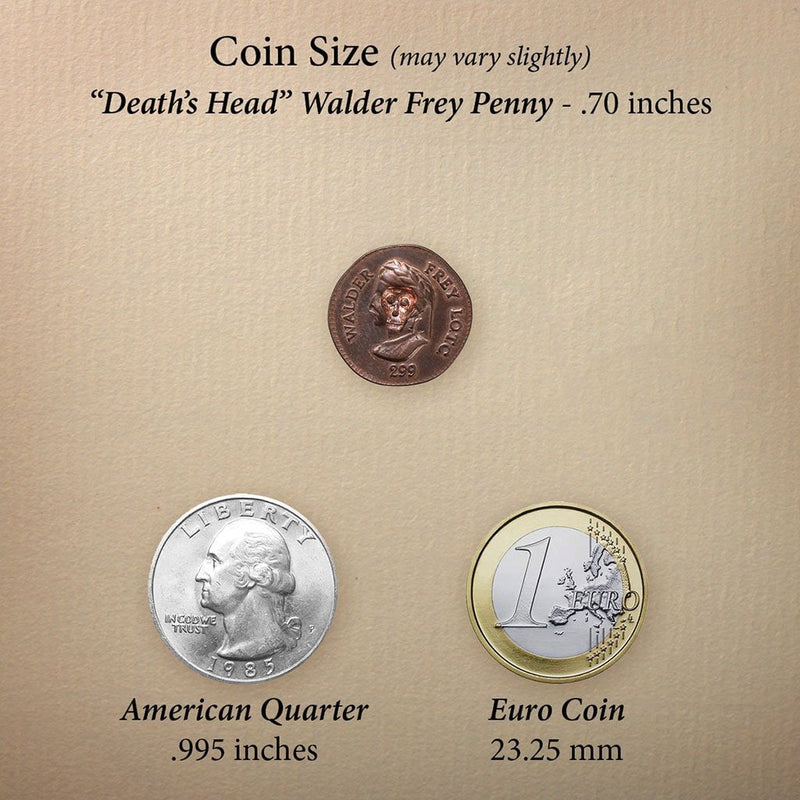 Image comparing size of "Death's Head" Walder Frey Penny next to American Quarter and 1 Euro coin