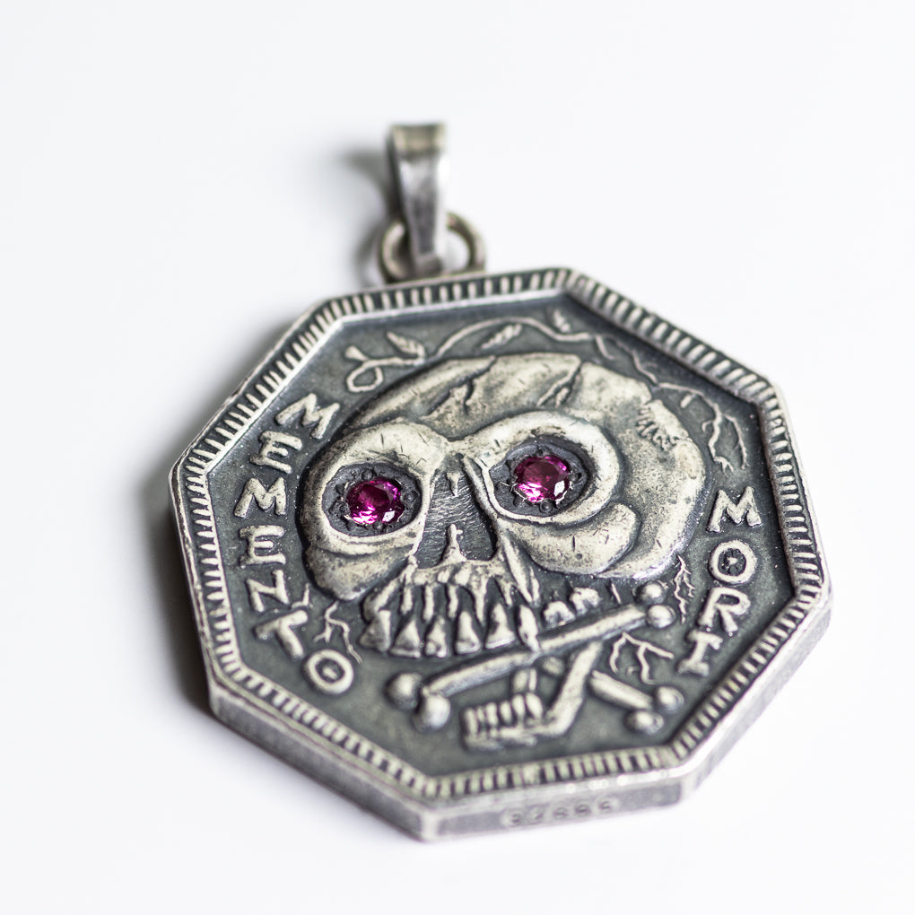 Ruby Inset Eyes Memento Mori Silver Necklace Sterling Silver Bale