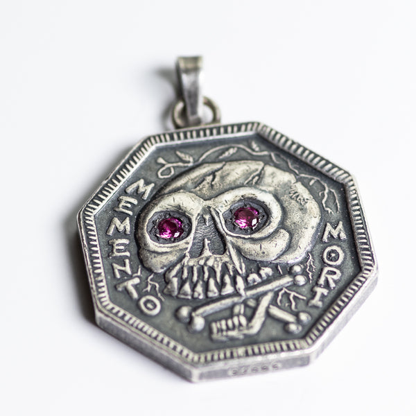 Ruby Inset Eyes Memento Mori Silver Necklace -  Silver Bale | Shire Post Mint