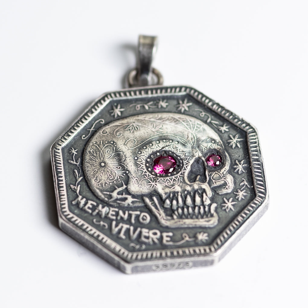 Ruby Inset Eyes Memento Mori Silver Necklace -  Silver Bale | Shire Post Mint