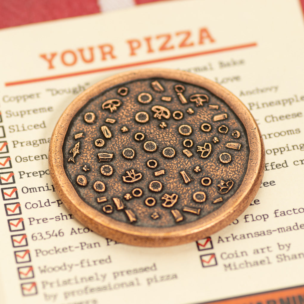 Copper Supreme Pizza Coin with funny packaging andTiny Pizza Box for Pizza Coins -Mini Laser Cut Collectible Cardboard Box - Skull Mushrooms Pineapple Olives Pepperoni Toppings - Shire Post Mint