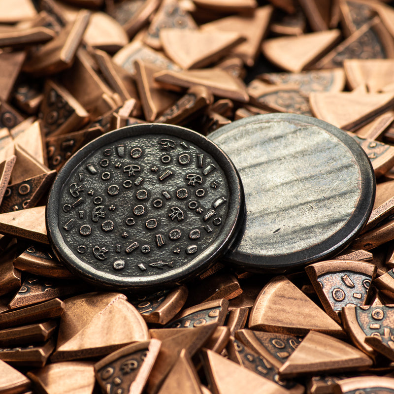 Burnt Supreme Pizza Coin on a bed of Sinlge Pizza Slices | Shire Post Mint | Funny Gifts