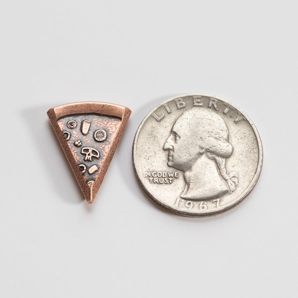 Single Copper Slice of Supreme Pizza Coin next to 1967 US Quarter for scale | Shire Post Mint