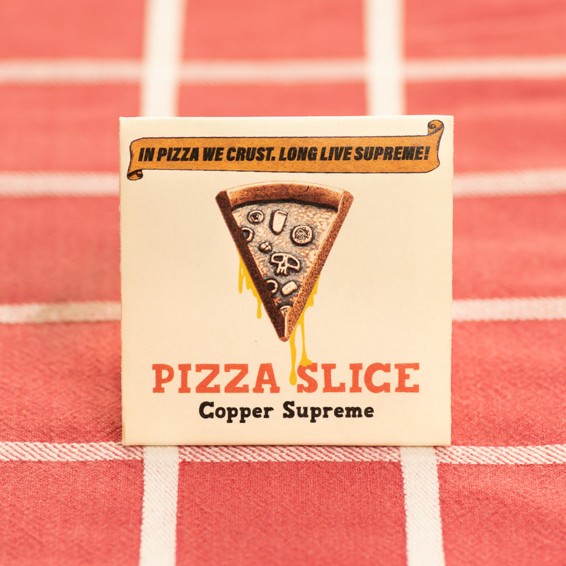 Single Copper Slice of Supreme Pizza Coin in Funny Packaging | Shire Post Mint