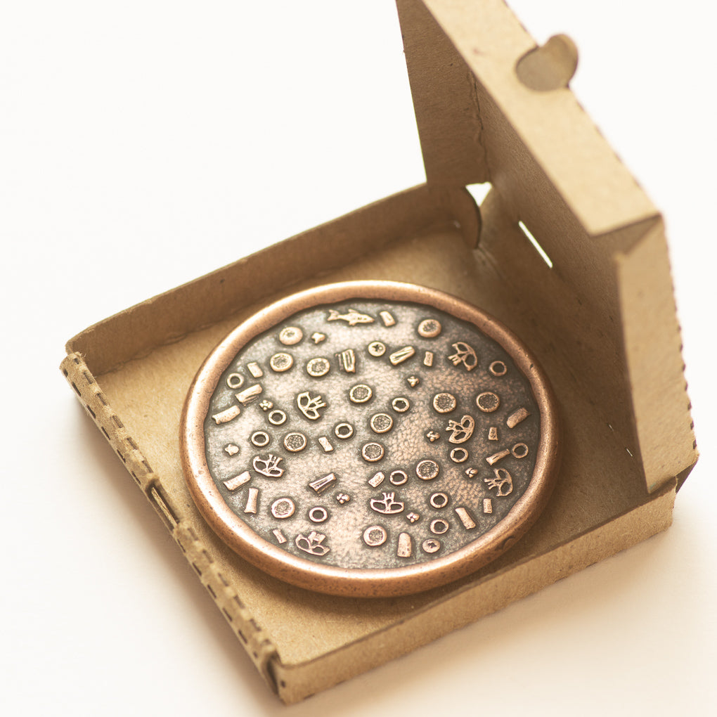 Pizza Pi Coin in Copper with Tiny Pizza Box