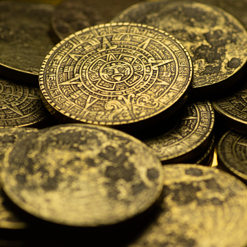 The Sun and Moon Worry Coin - Aztec Sun Stone Calendar and Moon | Shire Post Mint