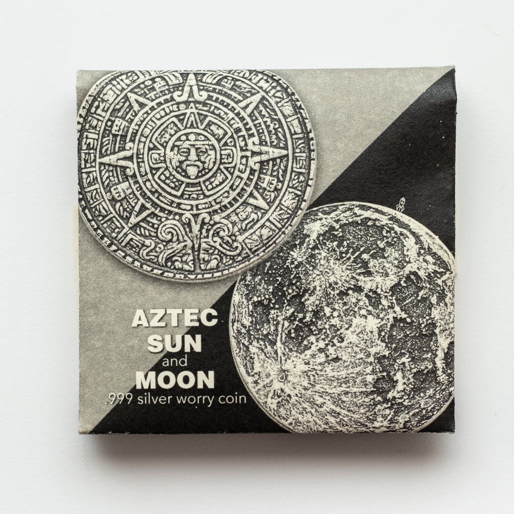 The Sun and Moon Worry Coin - Aztec Sun Stone Calendar and Moon in Fine Silver | Shire Post Mint Gifts