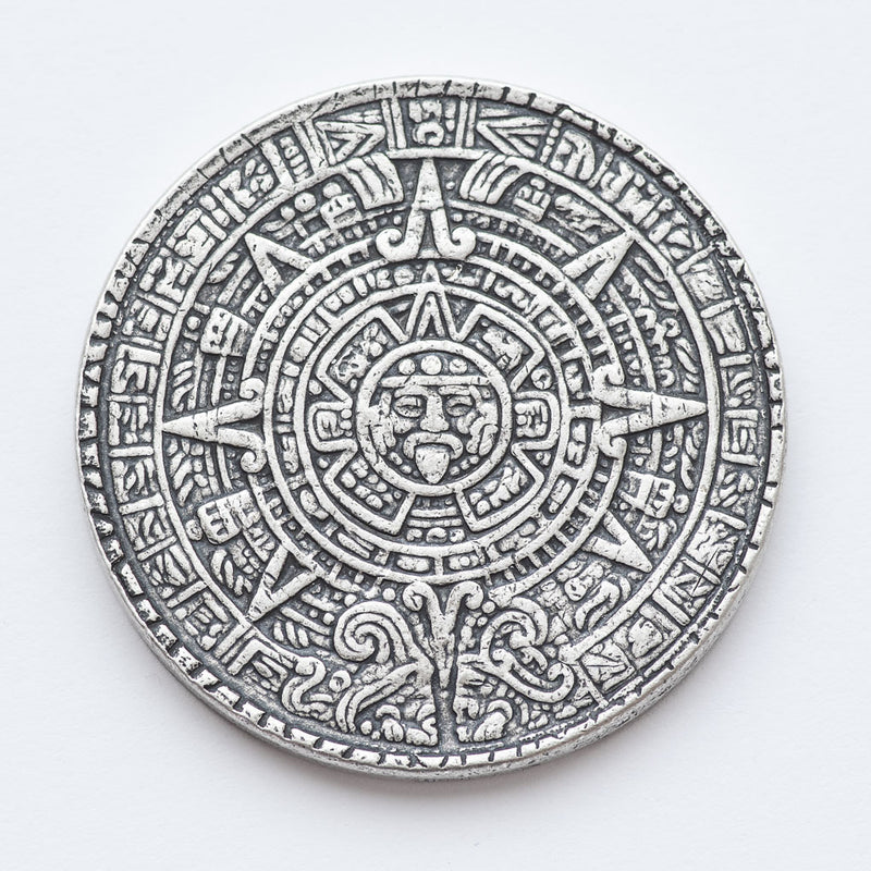 The Sun and Moon Worry Coin - Aztec Sun Stone Calendar and Moon in Fine Silver | Shire Post Mint Gifts