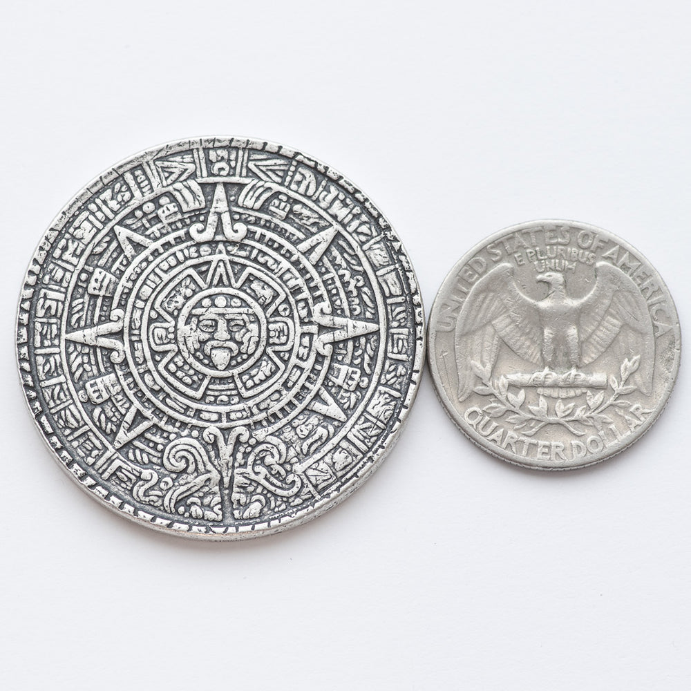 Worry Coin The Sun and Moon Worry Coin - Aztec Sun Stone Calendar and Moon in Fin