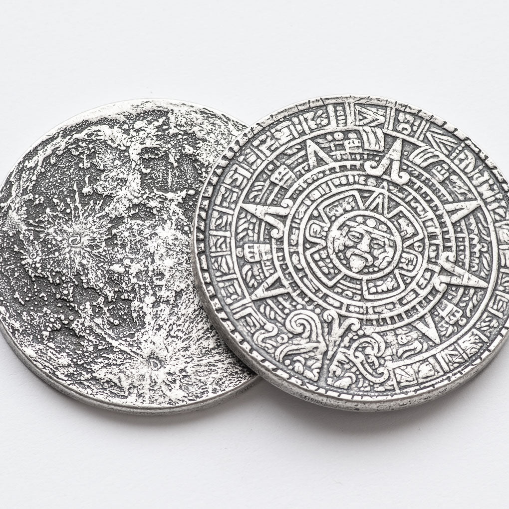 The Sun and Moon Worry Coin - Aztec Sun Stone Calendar and Moon in Fine Silver | Shire Post Mint Gifts