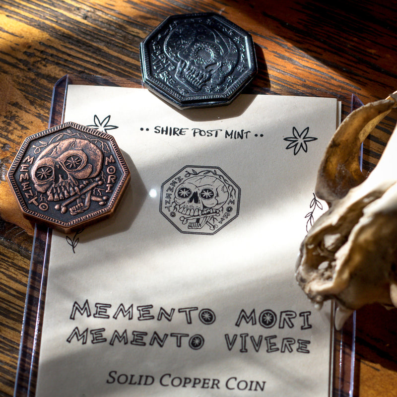 Memento Mori / Memento Vivere Reminder Coin in solid copper and black iron by Shire Post Mint