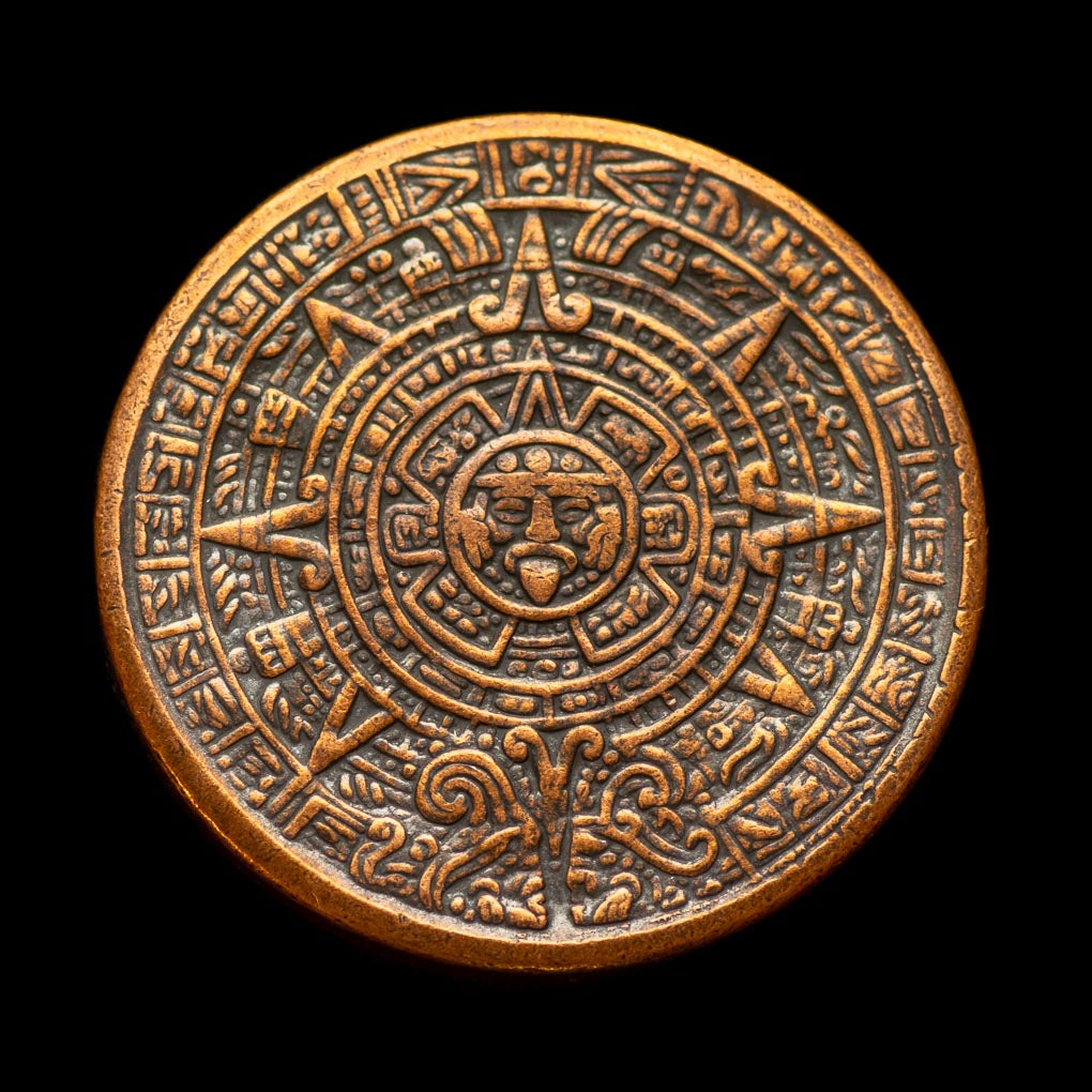 Aztec Sun Stone Calendar Copper Worry Coin